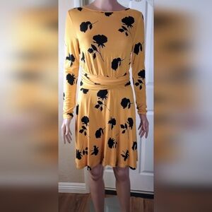Asos Buttercup Yellow Black Floral Long Sleeve Open Back Wrap Tie Midi Dress 8